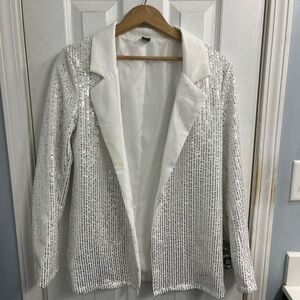 SHEIN Silver Sequin Evening Jacket Open Front Blazer